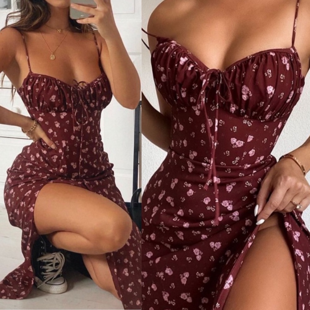 House Of CB Carina Wine Floral Bustier Midi Dress size XS NWOT - Picture 2 of 12